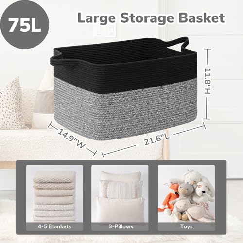 Goodpick Large Woven Rope Blanket Basket, Rectangle, Black & Gray - color: Black & Gray, size: Large(21.6"L x 14.9"W x 11.8"H)