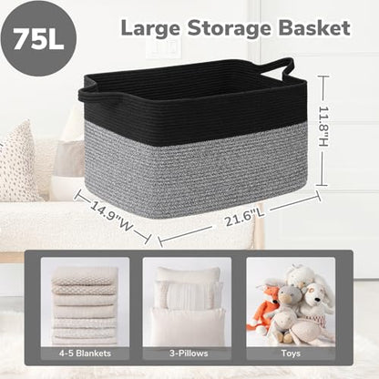 Goodpick Large Woven Rope Blanket Basket, Rectangle, Black & Gray - color: Black & Gray, size: Large(21.6"L x 14.9"W x 11.8"H)