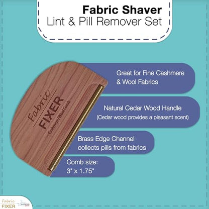 Cashmere Pill Remover Comb with Cedar Wood Handle - Sweater Fuzz Comb & Wool Pilling Remover for Delicate Clothing, Fabrics, Furniture, Sheets by Fabric Fixer