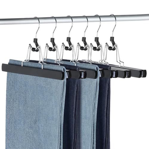 AMKUFO 12 Pack Black Wooden Pants Hangers with Clips Non Slip Skirt Hangers Trouser Clamp Hanger Solid Wood Hanger with 360° Swivel Hook - color: Black, size: 12 Pack
