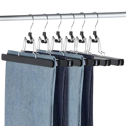 AMKUFO 12 Pack Black Wooden Pants Hangers with Clips Non Slip Skirt Hangers Trouser Clamp Hanger Solid Wood Hanger with 360° Swivel Hook - color: Black, size: 12 Pack