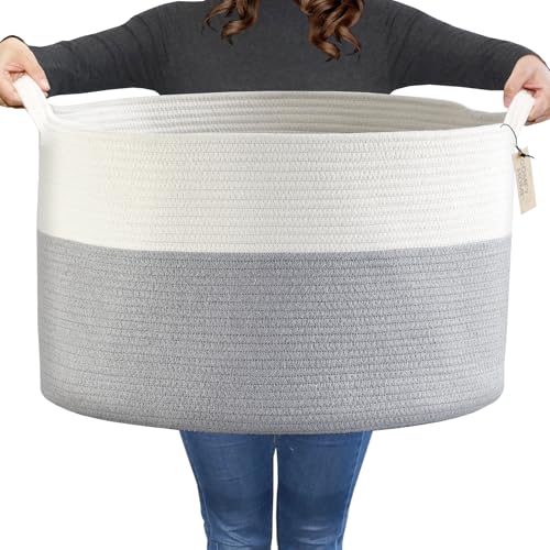 COMFY-HOMI XXXL Large Laundry Basket, Cotton Rope Nursery Woven Basket for Storage, Blanket Baskets Living Room Laundry Hamper, Dog Toy Storage Organizer, Home Decor-21''x21''x13.6''-White/Grey - color: grey, size: 21''x21''x13.6''