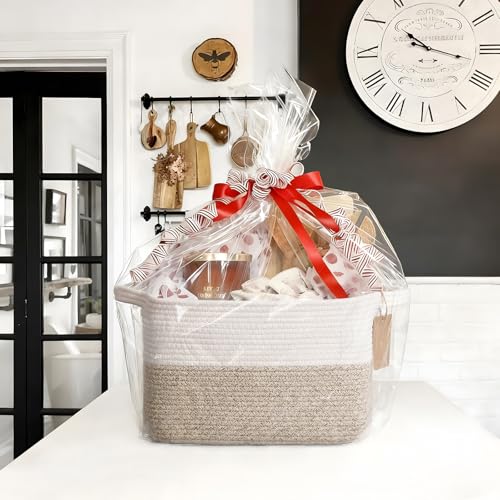 Goodpick Woven Storage Basket, Cotton Rope Basket for Dog Toys, Books, Stylish Gift Basket with Handles, 13 x 10 x 9 Inches Square Baskets for Organizing, Brown and White (Pack of 3) - color: Light Brown, size: 13"L x 10"W x 9"H (Pack of 3)