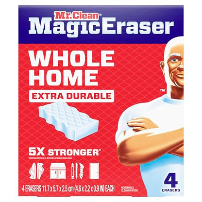 Mr. Clean Magic Eraser Sponge, All Purpose Cleaner, Cleaning Scrubber, Wall, Sneaker, Kitchen, Bathroom, Shower Cleaner, Cleaning Supplies, Melamine Sponge, Cleaning Pads, Extra Durable, 4ct