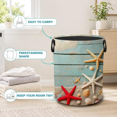 Starfish Seashell Collapsible Laundry Hamper,Blue Coastal Beach Waterproof Oxford Cloth Clothes Basket with Handles for Bathroom Bedroom Nursery Dorm Room,16" x 20" - color: Starfish Seashell,Blue Coastal Beach