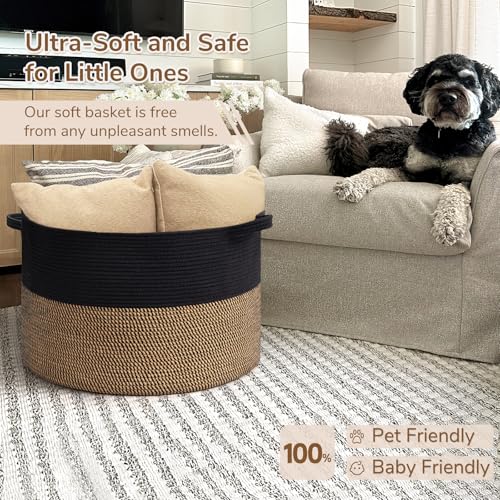 INDRESSME XXXLarge Woven Rope Blanket Basket Living Room Mix Black, 90L - color: Black & Mix Camel, size: 21.7"D x 13.8"H