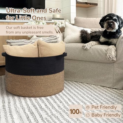 INDRESSME XXXLarge Woven Rope Blanket Basket Living Room Mix Black, 90L - color: Black & Mix Camel, size: 21.7"D x 13.8"H