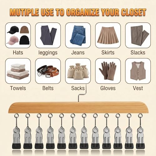Closet Organizer with 10 Clips, 2PCS Space Saving Hanging Closet Organizer, Space-Saving Hat Scarf Clothespins for Jeans Skirts Socks Leggings Wooden Pant Hangers with Clips(Wood) - color: 2pc-light Wood