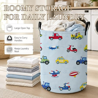 Toy Vehicles Laundry Basket, Airplane Car Collapsible Laundry Hamper Waterproof Oxford Cloth With Handles, Clothes Storage Bucket For Bathroom/Bedroom 16" x 20.8" - color: Toy Vehicles