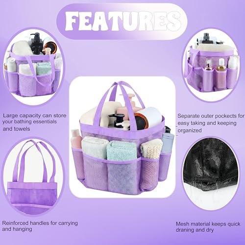 Mesh Shower Caddy Portable - 9 Pockets, Shower Bag for Dorm Room Camping - color: light purple