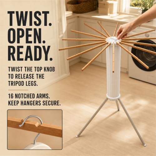 Clothes Drying Rack Foldable, Portable Laundry Drying Rack for Clothes with 16 Wooden Rods & 48 Windproof Slots, Collapsible Tripod Dry Rack for Apartment, RV, Balcony - style: Wood RODS & Aluminum Legs