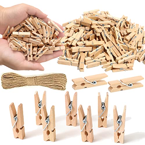 1.35 Inch Mini ClothesPins for Photo【100 Pcs】 with 32 Feet Jute Twine，Mini Clothes Pins for Crafts,Wooden Small Clothes Pins for Pictures,Tiny Decorative Clothespins for Baby Shower(Natural Color) - color: Natural Color 100 Pcs