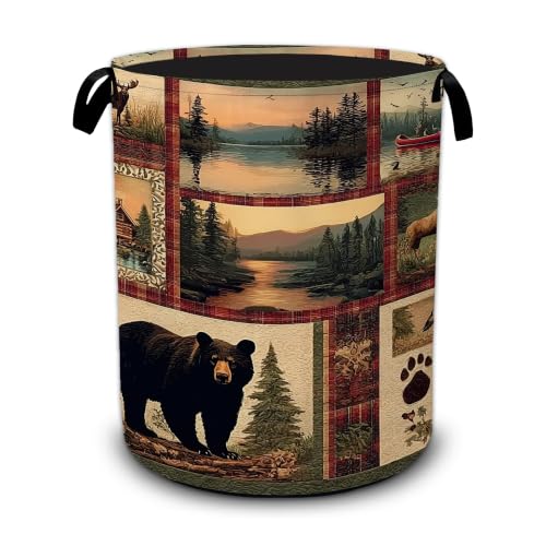 Cabin Bear Laundry Basket with Handles,Rustic Lodge Moose Deer Foldable Oxford Laundry Hamper,Collapsible Clothes Storage Basket for Laundry Room/Bathroom/Bedroom/Dormitories 20.8 x 16 Inches - color: Cabin Bear Rustic Lodge Moose Deer