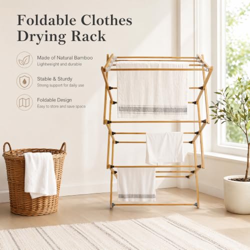 Foldable&Dismountable 3-Tier Bamboo Clothes Drying Rack, Multi-Tier Collapsible Laundry Hanger, Space Saving Garment Stand for Indoor Outdoor Balcony Bathroom. (Original, 28" D X 15" W X 39.3" H)