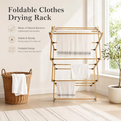 Foldable&Dismountable 3-Tier Bamboo Clothes Drying Rack, Multi-Tier Collapsible Laundry Hanger, Space Saving Garment Stand for Indoor Outdoor Balcony Bathroom. (Original, 28" D X 15" W X 39.3" H)