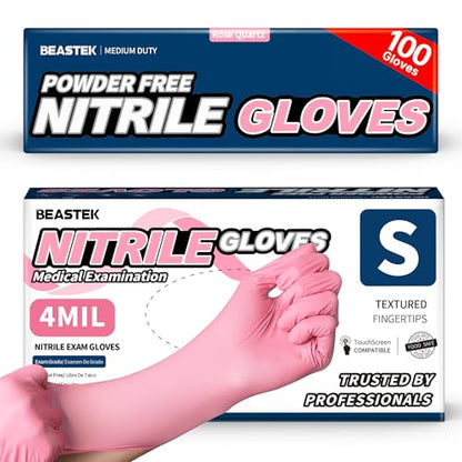 BEASTEK Medical Nitrile Exam Gloves Disposable Powder-Free, 4 Mil 100 Count - color: Small (Rose Quartz)
