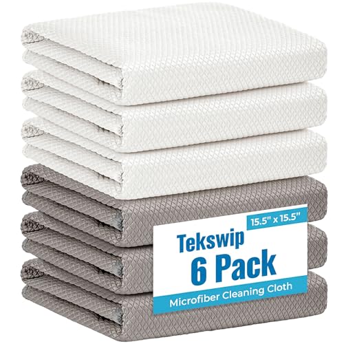 Microfiber Cleaning Cloth for Glass 6 Pack 15.5 x 15.5 Inch - color: White & Grey