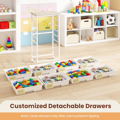 Giantex 8 Drawers Rolling Cart with Wheels, Wood Top, Sturdy Frame - color: White, size: 8 Drawer-15"x11"x30"