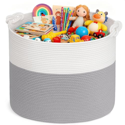 Goodpick Large Woven Rope Toy Storage Basket for Living Room, 60L, Grey - color: Grey, size: 17 x 16 inches
