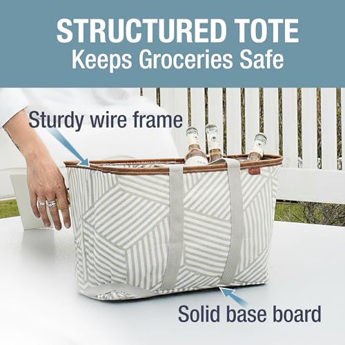 CleverMade Collapsible Tote LUXE, 30L Structured Tote Bag with Handles - color: Geometric Taupe
