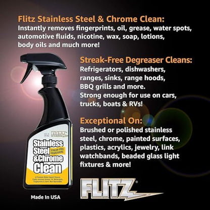 Flitz Stainless Steel & Chrome Clean - 16oz Bottle, USA-Made Stainless Steel Cleaner Spray for Appliances - Grill, Fridge, Sink Stain Remover - Also Works on Aluminum Surfaces (6 Pack) - size: 16 Fl Oz (Pack of 6)