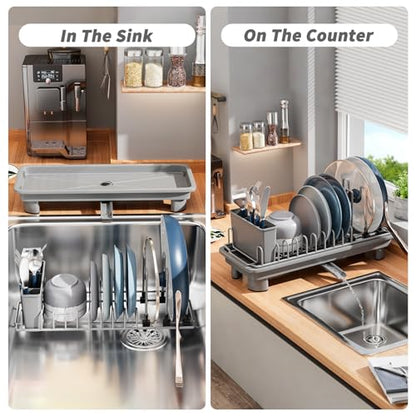 Small Dish Drying Rack, Stainless Steel with Drain Board & Utensil Holder - color: Gray
