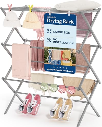 APEXCHASER Oversize 3-Tier Clothes Drying Rack, No Install, Grey - color: Gray