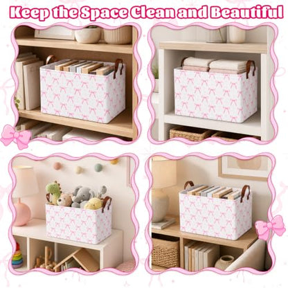 3 Pcs Pink Bow Storage Baskets for Gifts Empty Large, Coquette Room Decor, Toys Books Laundry Basket for Girls, Collapsible Canvas Fabric Pink Storage Bins With Handle for Bedroom Bathroom Nursery