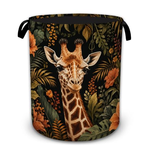 Safari Giraffe Floral Laundry Basket with Handles, Foldable Tall Oxford Clothes Hamper, Lightweight Water-Resistant Storage Bin for Bedroom Bathroom College Dorm, 16 x 20.8 Inch - color: Safari Giraffe Floral