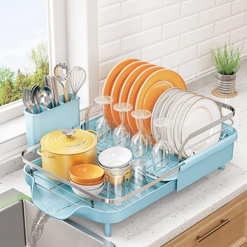 SNTD Expandable Dish Drying Rack for Kitchen Counter, 15.2-22.1 in, Blue - color: Blue