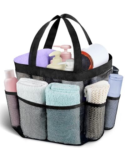 Mesh Shower Caddy Portable - 9 Pockets, Shower Bag for Dorm Room Camping - color: Black