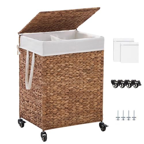 2-Section Laundry Hamper with Lid, Large Capacity Woven Natural Water Hyacinth Laundry Sorter with Removable Liners, Rolling or Non-Slip Design for Bedroom (Espresso, 100L) - color: Espresso, size: 2-Section