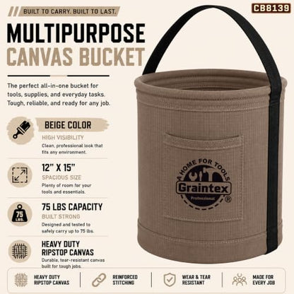 Graintex Canvas Utility Bucket 12"x15", Round Tool Bucket, Reinforced Base & Carry Handle, Ripstop Canvas, Multi-Purpose Bag for Jobsite, Home Use - Beige - color: Beige