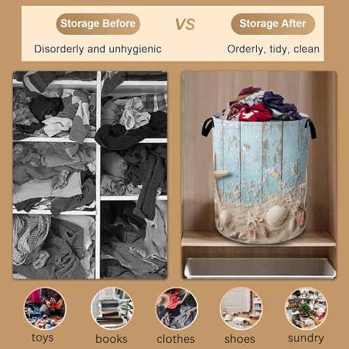 Large Laundry Basket,Beach Seashell Starfish Collapsible Laundry Baskets,Blue Wooden Waterproof Oxford Hamper with Handles for Bathroom Bedroom Nursery Home Storage 16"x20" - color: Beach Seashell Starfish,Blue Wooden