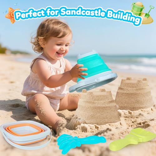 GKDOMS Kids Beach Toys Set with Collapsible Bucket, Sand Rake and Shovel - color: Two Mix
