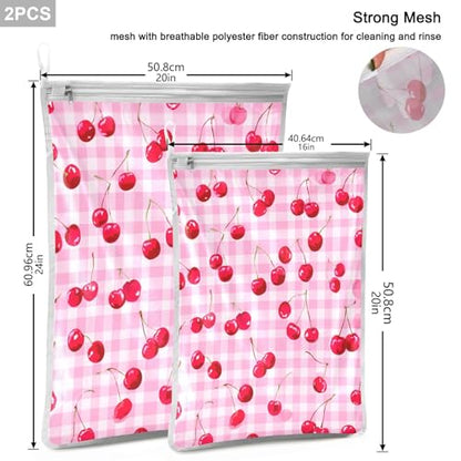 Mesh Laundry Bags Lingerie Bags for Washing Delicates 2 PCS Durable Wash Bag with Zipper Small and Medium Washable Pink Juicy Checkered Cherry - color: Pink Juicy Checkered Cherry