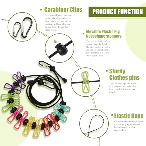 2 Pack Portable Travel Clothesline with 12 Clothespins, Retractable Portable Clothesline for Camping, RV, Backpacking,Hotel Set 2 D Ring Carabiner Clip，Can extends to 11ft, Storage Bag Included.