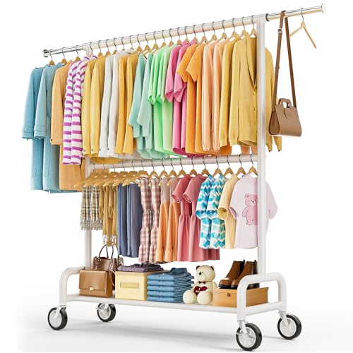 Heavy Duty Clothes Rack Load 860LBS, Double Rods Rolling Clothing Racks for Hanging Clothes, Rolling Garment Rack With Sturdy Wheels Shelves, Portable & Adjustable Commercial Garment Rack, White - color: White, size: 15.0" x 63.4" x 74.8"(2 Rods)