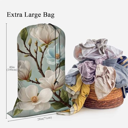 Swono White Flower Laundry Bags With Drawstring XL Travel Storage Bags 28"x40", Heavy Duty Multi Use, Green Leaf Buds Petal Botany Branch Blossom Washable Dirty Clothes Organizer, Easy Fits Laundry - color: White Flower