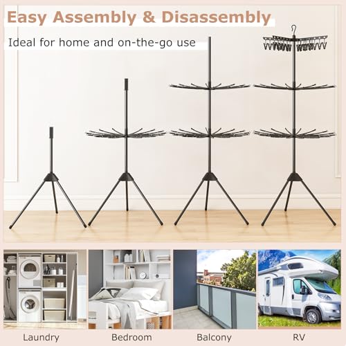GIANTEX 70" Tripod Clothes Drying Rack w/24 Clips & 32 Rods, 360° Rotatable