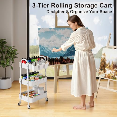 3 Tier Heavy Duty White Metal Rolling Cart with Lockable Wheels,Roller Cart - color: Simple White, size: 3 tier