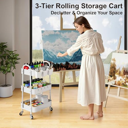 3 Tier Heavy Duty White Metal Rolling Cart with Lockable Wheels,Roller Cart - color: Simple White, size: 3 tier