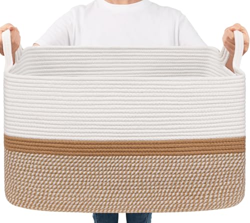 Goodpick Large Woven Rope Blanket Basket, Rectangle, White & Camel Mix - color: White & Camel Mix, size: Large(21.6"L x 14.9"W x 11.8"H)
