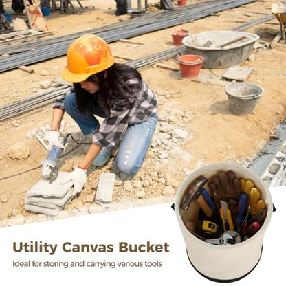 Utility Canvas Tool Bucket with Shoulder Strap, Hard Base All Purpose Canvas Bucket Bag, Heavy Duty Tool Organizer Bag with Metal Hook, Holds up to 150 Lbs