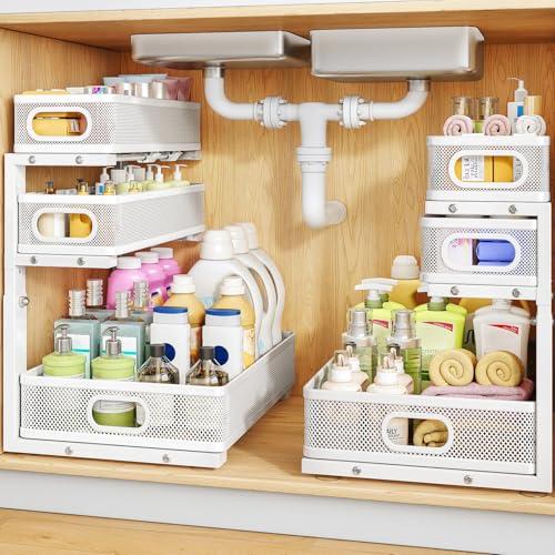 Under Sink Organizer, 3-Tier Thickened Metal Pull out Cabinet Organizer Shelf, Height Adjustable Slide out Storage Drawer Rack for Kitchen Bathroom Pantry Laundry Home Organization, 2-Pack, White - color: White, size: 2-Pack