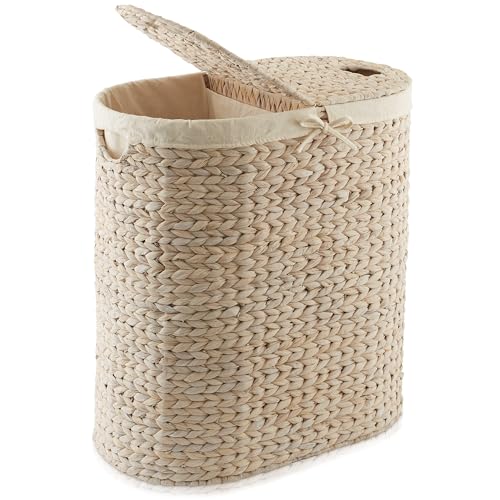 Casafield Oval Laundry Hamper with Lids and Removable Liner Bags - Whitewash White, Woven Water Hyacinth 2-Section Laundry Basket Clothes Sorter - color: Whitewash
