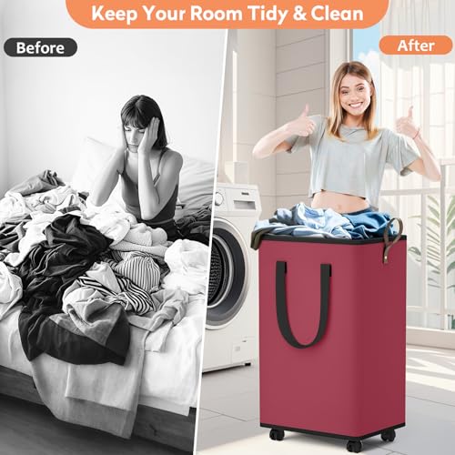 SpaceTrove Rolling Laundry Basket with Wheels, Laundry Hamper, 100L, Red - color: Red, size: 100L