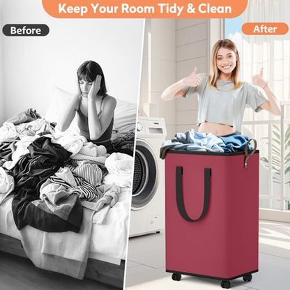 SpaceTrove Rolling Laundry Basket with Wheels, Laundry Hamper, 100L, Red - color: Red, size: 100L