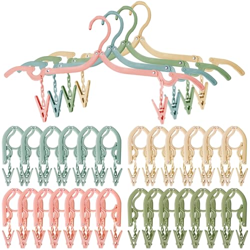 26Pcs Travel Hangers Foldable with 52Pcs Clips: Folding Hangers, Non Slip Portable Hanger for Cruise Ship Essentials Suitcase Camping Flying RV Drying Rack, 4 Colors