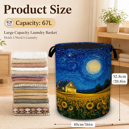 Starry Sunflower Farm Large Clothes Hamper, Portable Collapsible Laundry Basket with Handles, Freestanding Storage Bin for Bedroom Bathroom Dorm Laundry Room - color: Starry Sunflower Farm